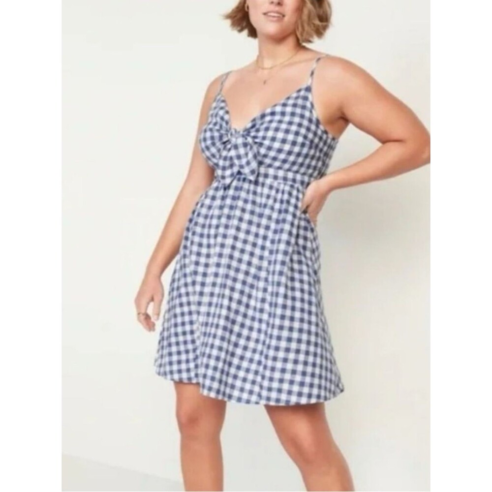 Old navy blue Gingham TieFront fit and flare summer picnic linenblend Mini Dress